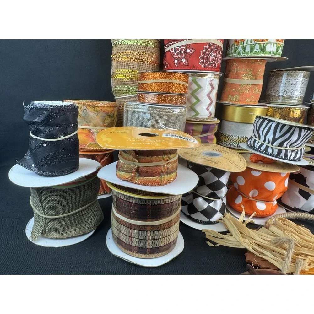 Lot Of 30+ Fall/Halloween Craft Wired Ribbon New & Used